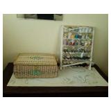 Runner, basket, contents of dresser, yarn: sewing