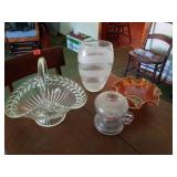 Vase, clear glass bowl, carnival glass bowl, oil