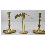 Brass Candlesticks & Bird Figurine