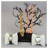 Metal Jewelry Tree w/Jewelry & Fossil Watch