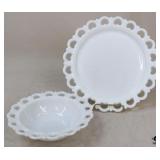 Milk Glass w/Lace Rim Plate & Bowl / 2 pc