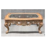 Carved Wood Coffee Table w/ Glass Inset