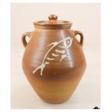 Signed Gruene TX Stoneware Jug w/Fish Design