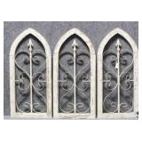 Three Cathedral Arched Wood and Metal Wall Panels