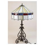 Cast Iron Lamp w/Stained Glass Shade