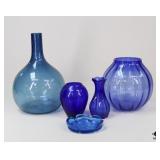 Blue Glass Vases & Ashtray / 5 pc