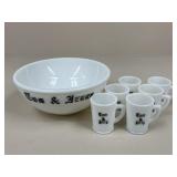 McKee Tom & Jerry Milk Glass Punchbowl & Cups