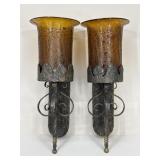 Pair Of Metal Wall Sconces w/ Amber Glass Covers