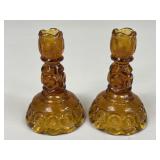 Pair Of Amber Glass Candle Holders