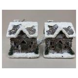 Pair Of Lighted Log Cabin Houses