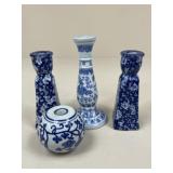 Blue & White Ceramic Candle Holders / 4 pc