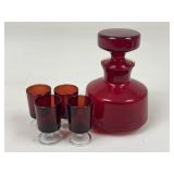 Red Glass Decanter & Liqueur Glasses