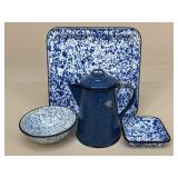 Blue Enamelware Bowls/Teapot/Tray|4 pc