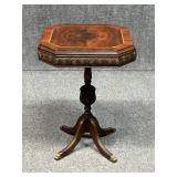 Carved Wood Pedestal Table w/Wood Inlay
