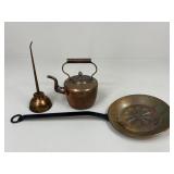 Assorted Copper/ Pan, Tea Pot, & Oil Can