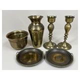 Brass Vases, Candle Holder, & Trays / 6 pc