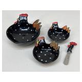 Painted Ceramic Hen Bowls & Speader|4 pc