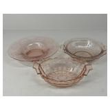 Pink Depression Glass Bowls / 3 pc