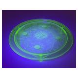 Sunflower Vaseline Glass Footed Cake Plate