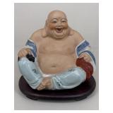 Ceramic Laughing Buddha On Wood Base