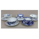 Blue & White Porcelain Tea Cups & Saucers|5 Sets