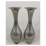 Pair Of Vintage Silver Plated Brass Etched Vases
