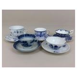 Blue & White Porcelain Tea Cups & Saucers / 5 Sets