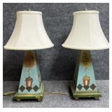 Pair of Hand Painted Wooden Lamps w/Shade