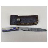 Custom Damascus Pocket Knife W/ Sheath