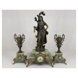 Antique French Green Onyx Mantle Clock & Vases
