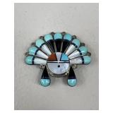 Signed Zuni Sunface Beaded Brooch/ Pendant