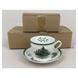 Spode "Christmas Tree" Tea Cups & Saucers / 4 Sets