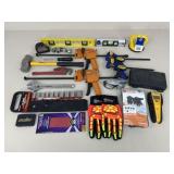Assorted Tools/ Gloves, Sockets, Clamps, Level +