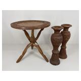 Wood Carved Folding Table & Vases / 3 pc