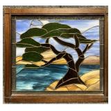 Tree Leaded Stained Glass in Wood Frame w/ Chain