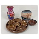 Barro Pottery Relish Dish, Bowl & Vases / 4 pc