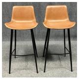 Arhaus Pair Of Leather Bar Height Barstools