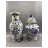 2pc Blue & White Ceramic Vases