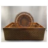 3pc Wooden Tray & Wicker Basket