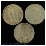 1924, 1925 & 1928s USA Silver Peace Dollars (3)