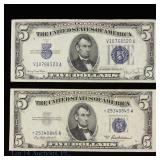 1934d & 1953a w/* USA $5 Silver Cert. Blue Seal, 2