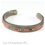 Native American Coin Silver Coral Cuff Bracelet