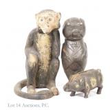 Cast Iron Coin Banks, Pigs & Monkey (3)