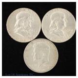 1957, 1958 & 1964 US 90% Silver 50c, 3