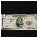1929 US $5 Fed Reserve Bank Note Brown Seal (AU+)