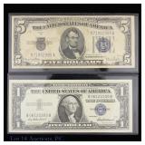 USA 1934-D $5 & 1957 $1 Silv Cert - Blue Seal, 2
