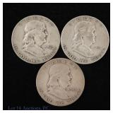 1948d, 1951d & 1952d US Silver Franklin 50c, 3