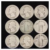 US 90%-Silver Wash. & Standing Lbrty Quarters (9)