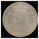1973 Netherlands 72%-Silver 10 Gulden (GEM BU)