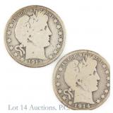 1913d & 1914s US Silver Barber 50c (SE R-4.2), 2